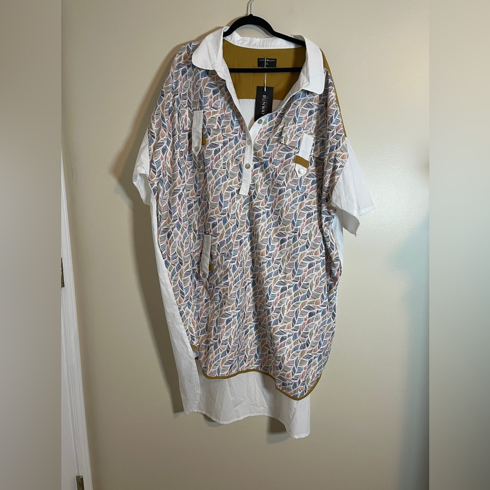 Love the Queen Dress Womens 2X White Patterned Button V Neck Oversized High Low